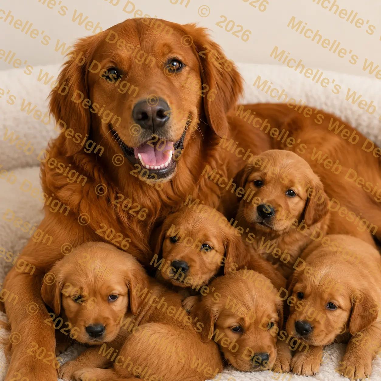 Golden Retriever mother with her puppies