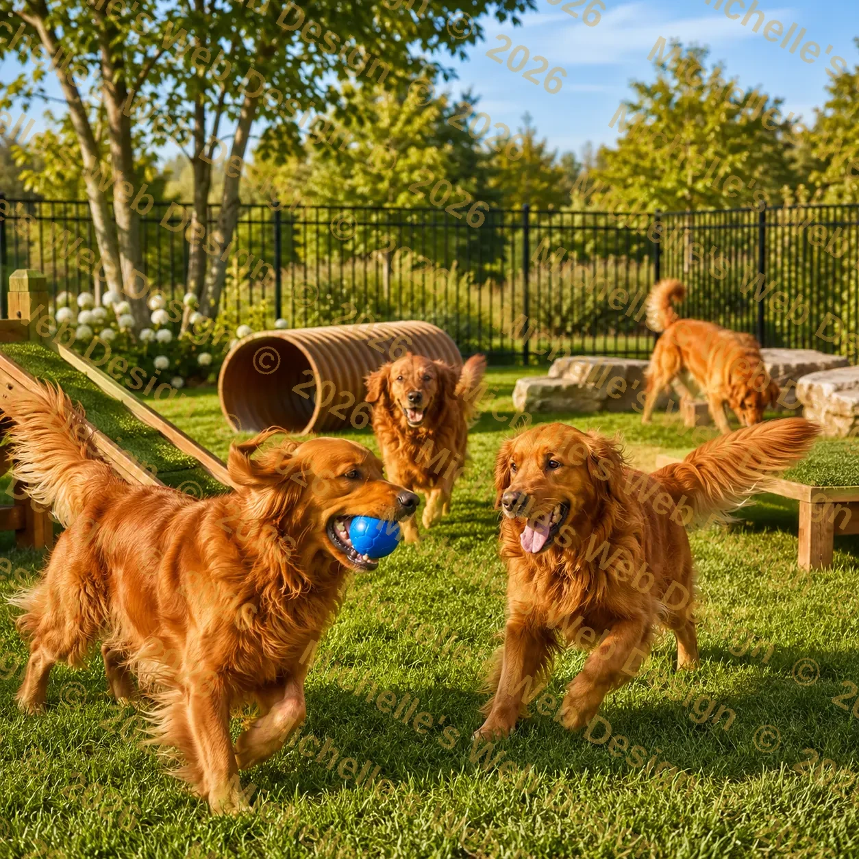 Outdoor play area for Golden Retriever puppies
